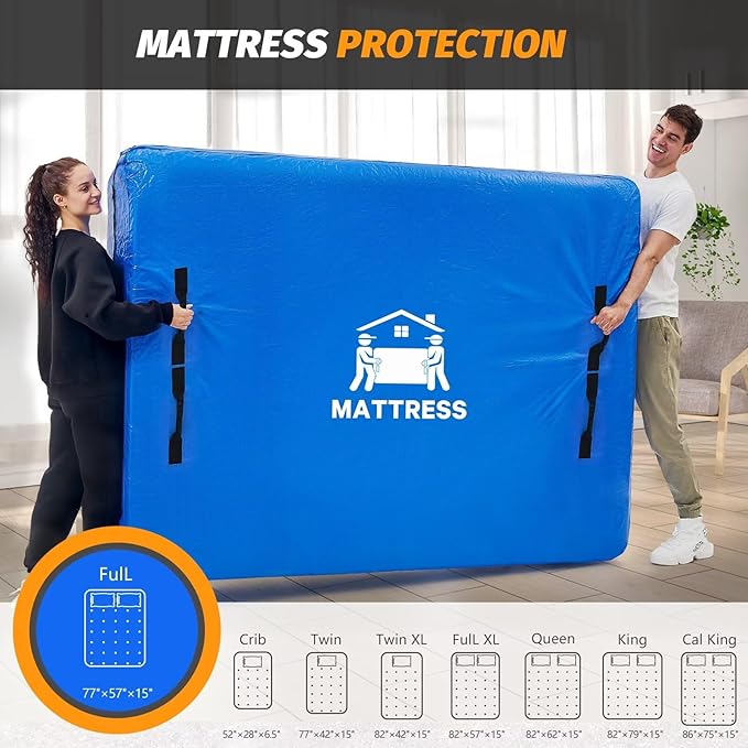 Mattress Bags for Moving, BETU Mattress Protector Waterproof Mattress Cover Full Size Storage Bags with 8 Heavy-Duty Handles and Zipper for Bed Extra Thick Large Reusable (2 Pack, 77"x57"x15" Blue)