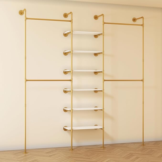 Industrial Pipe Clothes Rack, DÉCOR Wall Mounted Clothing Rack, for Walk-in Wardrobe Multi-Purpose Storage Clothes Hanging Shelf, 2 Installation Methods Gold