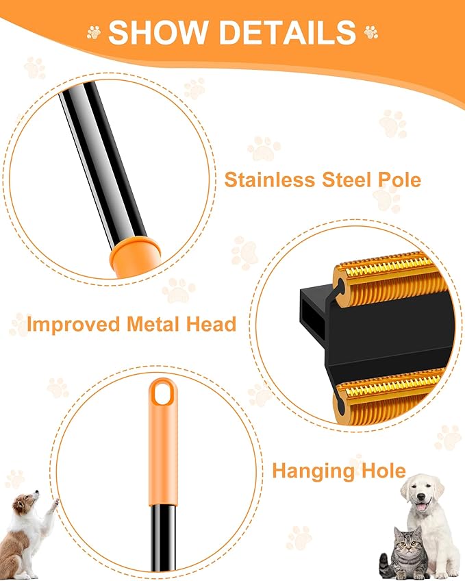 3 in 1 Carpet Rake for Pet Hair Removal Tool, 51” Adjustable Long Handle Pet Hair Removal Broom, Pet Grooming Brush, Cat Dog Hair Remover Carpet Scraper for Rugs, Mats