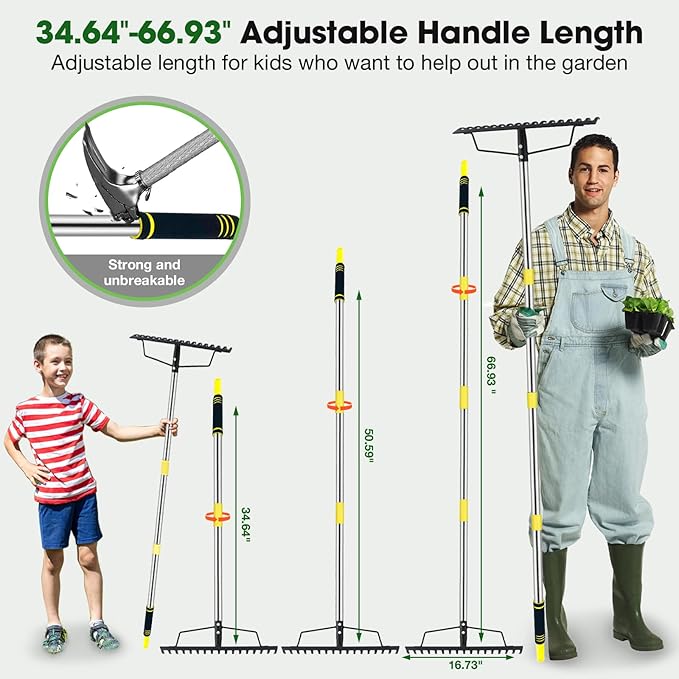 Heavy Duty Garden Rake for Leaves - 17 Tine Metal Head & Adjustable Stainless Steel Handle, 17" Wide 5.58FT Yard Rake for Shrub Leveling/Grass Care