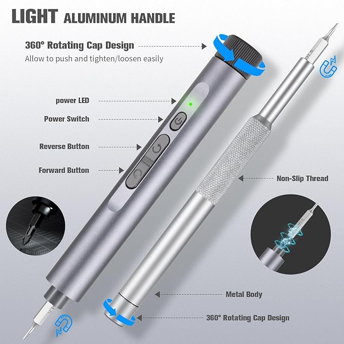 Xnix Electric Precision Screwdriver Set, 127-in-1 Magnetic Bits, Rechargeable USB-C, LED Light, Manual & Electric Modes, Cordless Portable Repair Tools Kit for Electronics, Phones, Laptops
