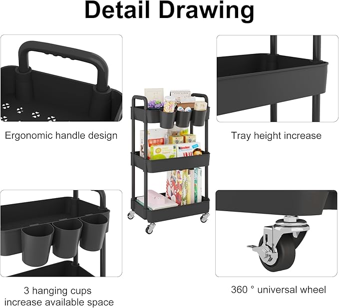 UDEAR 3-Tier Rolling Utility Cart,Multifunctional Storage Shelves with Handle and Lockable Wheels for Room,Office,Kitchen,Bathroom,with 3 Hanging Cups,Black