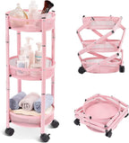 TOOLF 3-Tier Foldable Metal Storage Rolling Cart, Collapsible Utility Cart, No Assemble, Multifunction Organizer Trolley with Lockable Wheels for Kitchen, Living Room, Bathroom, Pink