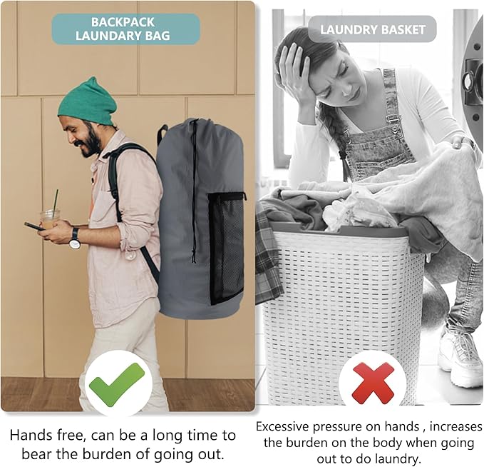 Laundry Bag Backpack, Extra Large Travel Laundry Bag with Mesh Pocket & Adjustable Shoulder Straps,Dirty Clothes Travel Bag for College Students Dorm,Apartment(Grey)