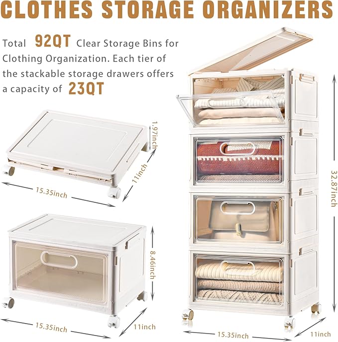 4-Tier Stackable Storage Bins with Lid, 23QT Storage Containers,Clear Foldable Plastic Drawer Storage on Wheels,Closet Organizers and Storage for Living Room,Bedroom,Office,Dorm