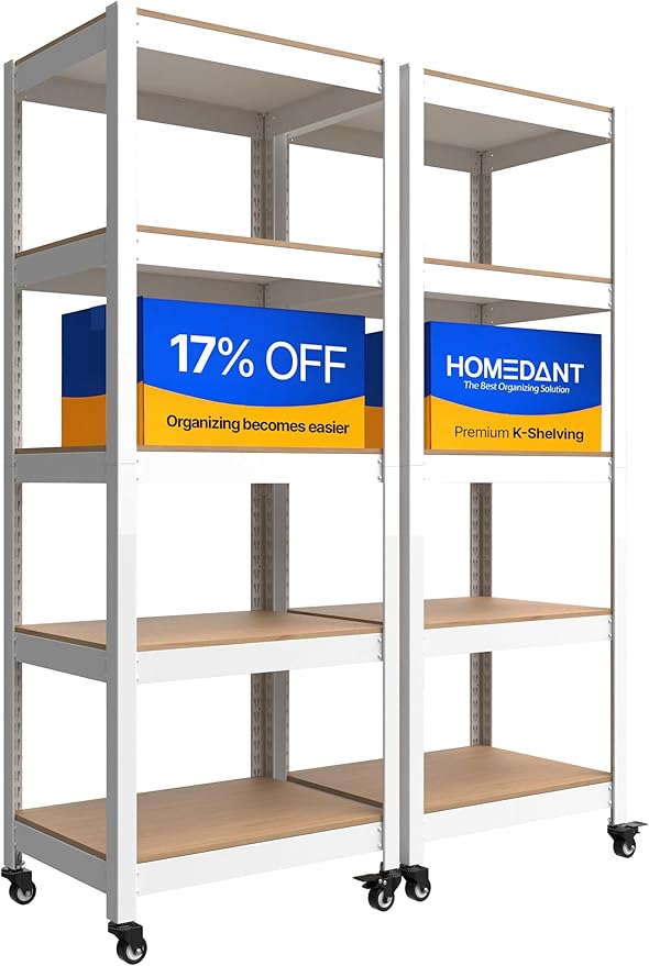 HOMEDANT House White 5-Tier Metal Rolling Cart Shelf Rack Casters Heavy Duty Wheel Shelving Unit Adjustable Utility Storage Shelves Organizer Shelf Kitchen Garage 24.4" W x 16.5" D x 62.2" H 2Pack