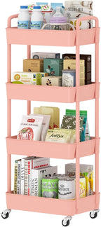 Sywhitta 4-Tier Plastic Rolling Utility Cart with Handle, Multi-Functional Storage Trolley for Office, Living Room, Kitchen, Movable Storage Organizer with Wheels, Pink