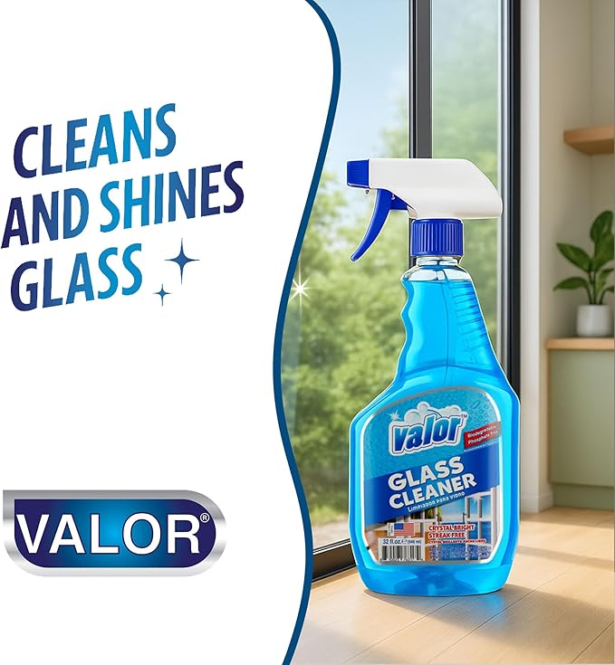 Valor Glass Cleaner Trigger Sprayer – Streak-Free Shine for Glass & Mirrors, 32 fl oz (32 Fl Oz (Pack of 1))