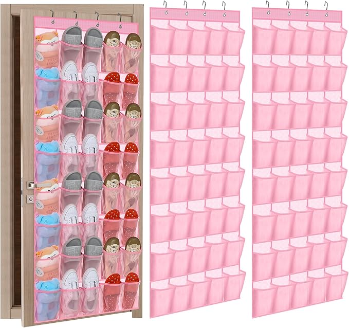 Windyun 2 Pack 40 Over the Door Shoe Organizers Large Mesh Pocket Hanging Shoe Rack for Closet Nonslip Behind Door Storage Holder Back to School Organizer for Dorm Room College Storage(Pink)