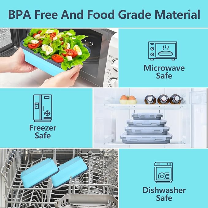 Collapsible Silicone Food Storage Containers with Lids, Collapsible Food Storage Containers, Camping Dishes,4 Pack Foldable Lunch Box for Leftovers, Meals, Snacks, Sky Blue