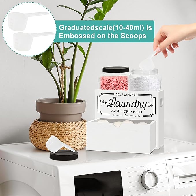 Dryer Sheet Container for Laundry Room Organization, Laundry Pods Container Include 2 Plastic Jars with Lids for Storage, Drying Ball and Laundry Detergent Dispenser, Laundry Room Decor