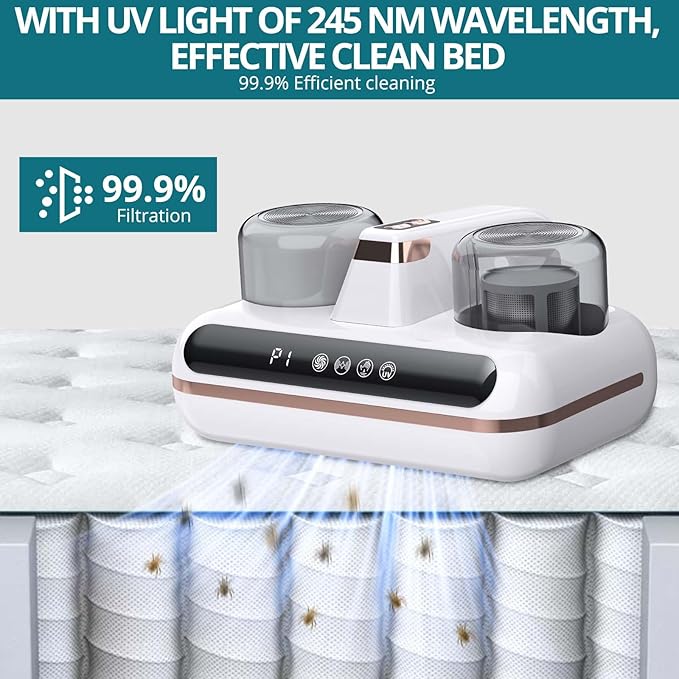 Bed Vacuum Cleaner Mattress Vacuum with UV 10Kpa Suction HEPA Filter 100W, 245nm UV Light & 10000 RPM/Min Recharging Battery Power, Heating, Brush Wheel Rotation, Large Suction, LED Display