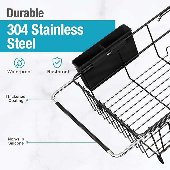 Over the Sink Expandable Dish Drainer Drying Rack In Stainless Steel for Small Kitchen, Counter Space Saving Modern Compact Metal Above Plate Dryer Strainer, Adjustable Hanging Inside Drain Holder
