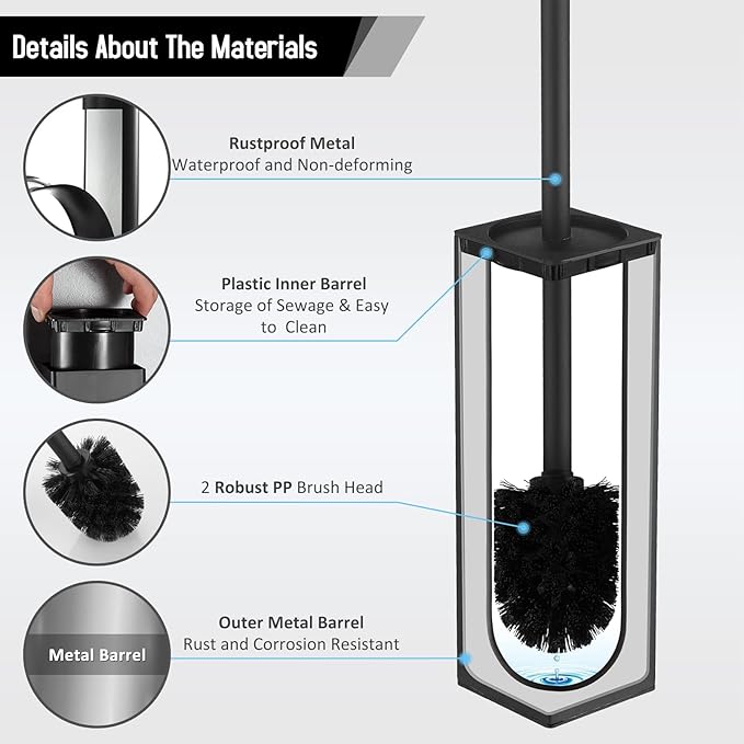 BGL Square Toilet Brush with Holder,Stainless Steel Rubber Painted Toilet Bowl Brush and Holder for Bathroom,2 Cleaner Brush Heads,Gold