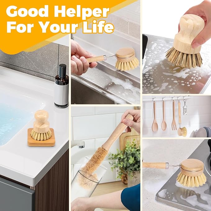 Bamboo Dish Brush Set Practical Dish Cleaning Brush Set Multifunctional Dish Washing Brush Set Ergonomic Kitchen Brush Set for Kitchen Cleaning Pots Pans Dishes (Log Color 10Pcs)