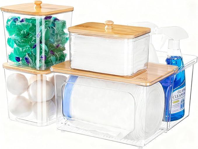 Trash Bag Dispenser Dishwasher Pod Holder - 5 in 1 Plastic Garbage Bag Under Sink Organizer, Acrylic Dryer Sheet Balls Laundry Pods Container with Bamboo Lid, Pantry Organizers and Storage Box