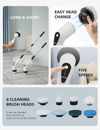 Electric Spin Scrubber Cordless - 8 Brush Heads, 5-Speed Settings, Adjustable Extension Handle for Bathroom, Kitchen, Tile, Bathtub & Floor Cleaning