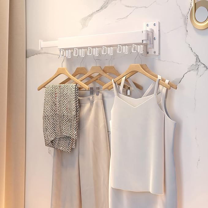 Clothes Drying Rack Wall Mounted,Drying Rack Clothing,Clothes Hanging Rack,Retractable,Collapsible(Tri-Fold), White Color(Ring)