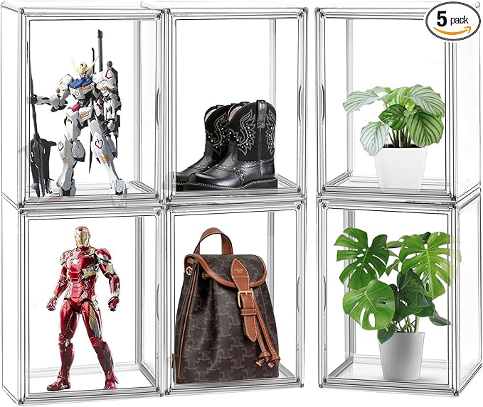 5 Pack X-Large Acrylic Shoe Box Size 14, Clear Sneaker Shoe Display Case Transparent Stackable Storage Box Purse Handbag Organizer, Figure Collectibles Showcase, Fit Underbed, Closet, Bathroom