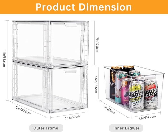 1Pack Large Stackable Storage Drawers,Clear Acrylic Organizers with Handle,Easily Assemble for Kitchen Undersink,Bathroom,Cabinet,Makeup,Closet,Medicine,Pantry Organization Bins