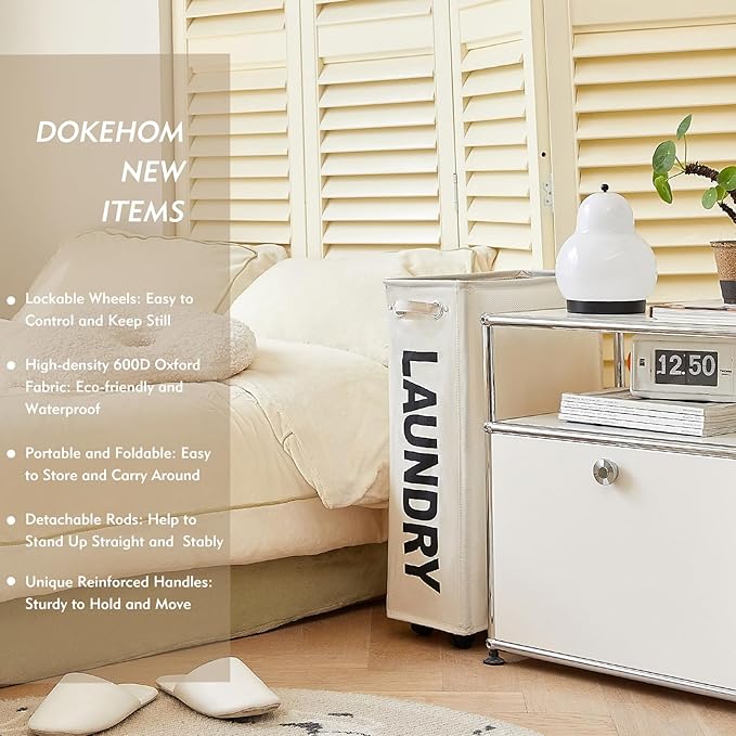 DOKEHOM 25-Inches Slim Laundry Basket on Wheels, Collapsible Rolling Laundry Hamper, Foldable Narrow Corner Clothes Storage Bins (Beige)