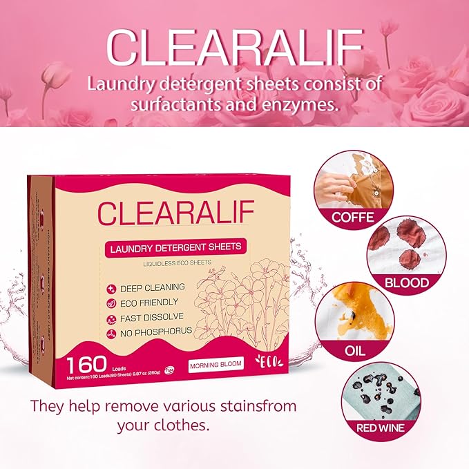 CLEARALIF Laundry Detergent Sheets 80 Sheets (Up to 160 Loads), Morning Bloom - Great For Apartments, Dorms,Eco Friendly