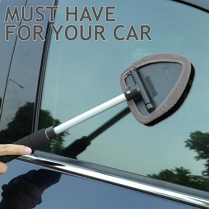 TAKAVU Car Window Cleaning Tool, Windshield Wiper Cleaner with Extendable Long-Reach Handle, 3 Washable Reusable Microfiber Bonnets, Car & Home Inside Interior Exterior Use - Lint Free (Grey)