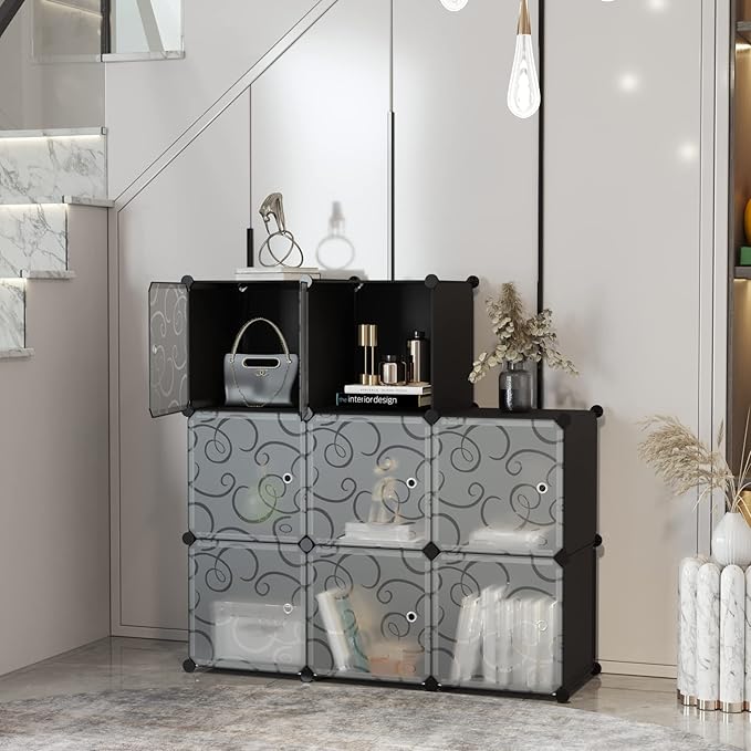 C&AHOME Cube Storage Organizer with Doors, 8-Cube Shelves, Closet Cabinet, DIY Plastic Modular Bookshelf, Storage Shelving Ideal for Bedroom, Living Room, 24.8" L × 12.4" W × 48.4" H Black UGSHS3008A
