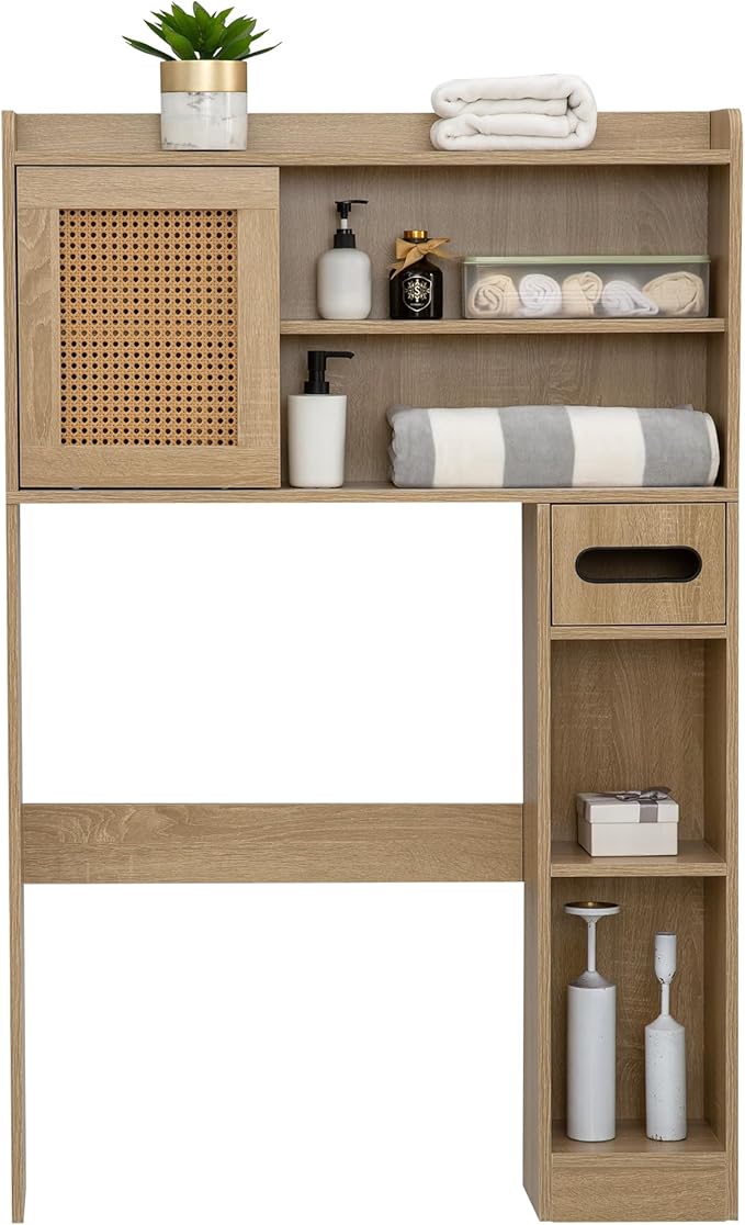 6Tier Over The Toilet Storage Cabinet, Freestanding Above Toilet Space Saver Rack w/Adjustable Shelves, Sliding Door, Multifunctional Over Toilet Organizer for Bathroom (Burlywood)