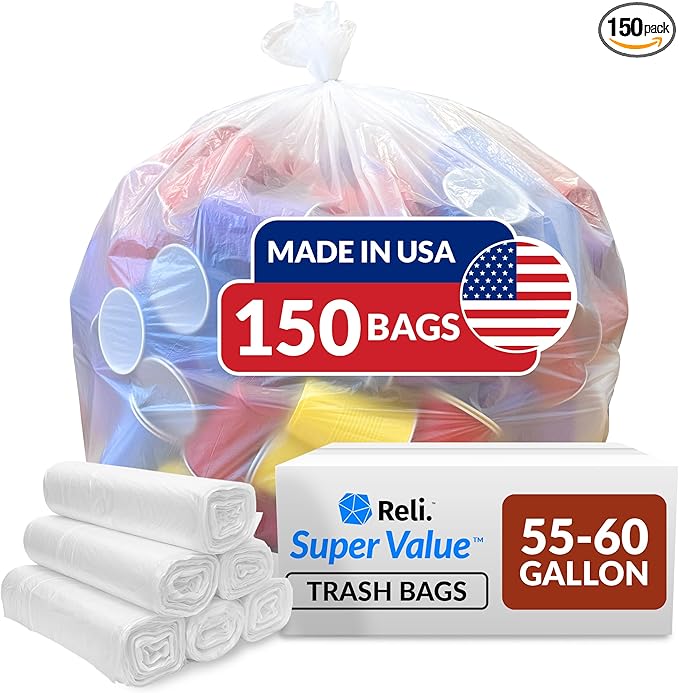 Reli. Easy Grab Trash Bags, 55-60 Gallon (150 Count) (Clear) - Star Seal Super High Density Rolls - Heavy Duty Can Liners, Garbage Bags, Bulk Bags - 50, 55, 60 Gallon Capacity