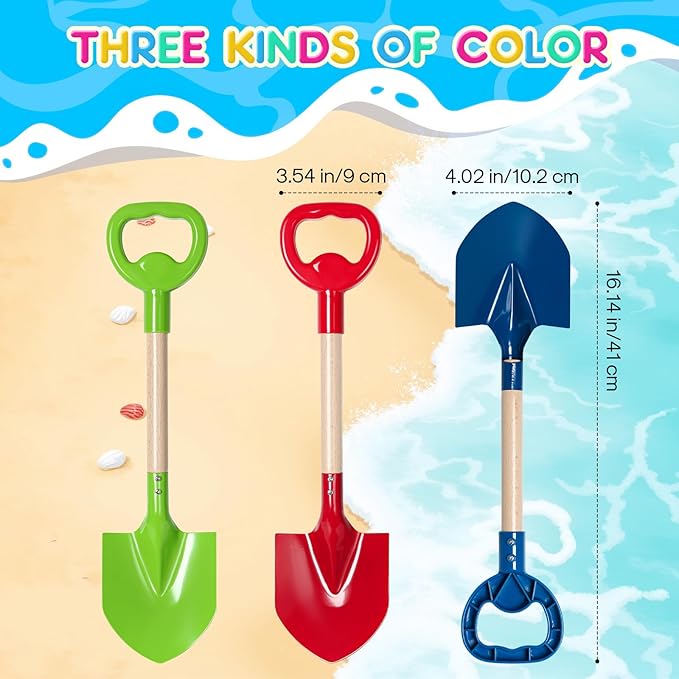 Dsmile 3 Pcs Beach Shovel Toy for Kids Digging 16" Long Metal Sand Shovel Sandbox,Sturdy Wooden Handle Metal Spade for Boy Girl, Travel Beach Toy Summer Fun Birthday