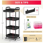 Goovilla 4 Tier Rolling Utility Cart Organizer with Removable Drawer, Stable and Sturdy Black Rolling Storage Carts with 2 Lockable Wheels for Bathroom, Kitchen, Snack, Craft, Makeup, Baby Essentials