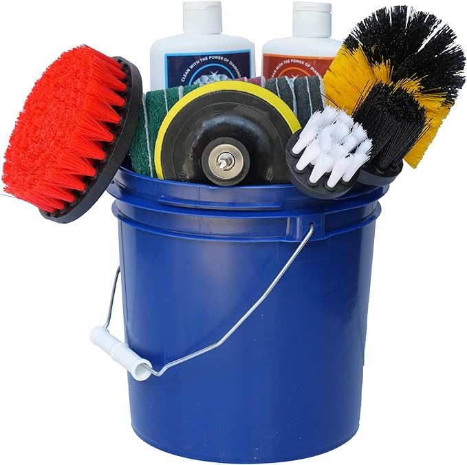 Complete Hard Water Stain Drill Cleaning Kit – 20 Piece Diamond Shine Set with Drill Brushes, Bucket & lid, Scouring Pads & Cleaner for Tile, Bathroom, Hard Water, Shower Glass & Chrome