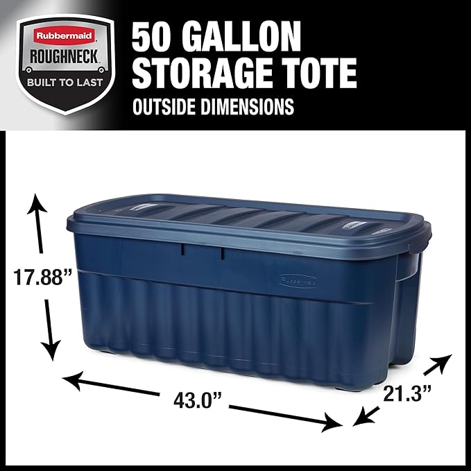 Rubbermaid Roughneck Tote 50 Gal, 2 Pack, Made in USA, Dark Indigo Metallic, Rugged Plastic Stackable Storage Bins with Lids and Handles