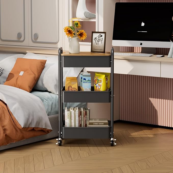 3 Tier Rolling Cart with Table top, Metal Utility Cart, Sturdy Storage Organizer Cart with Locking Wheels & Hooks for Office, Classroom, Kitchen and Bathroom