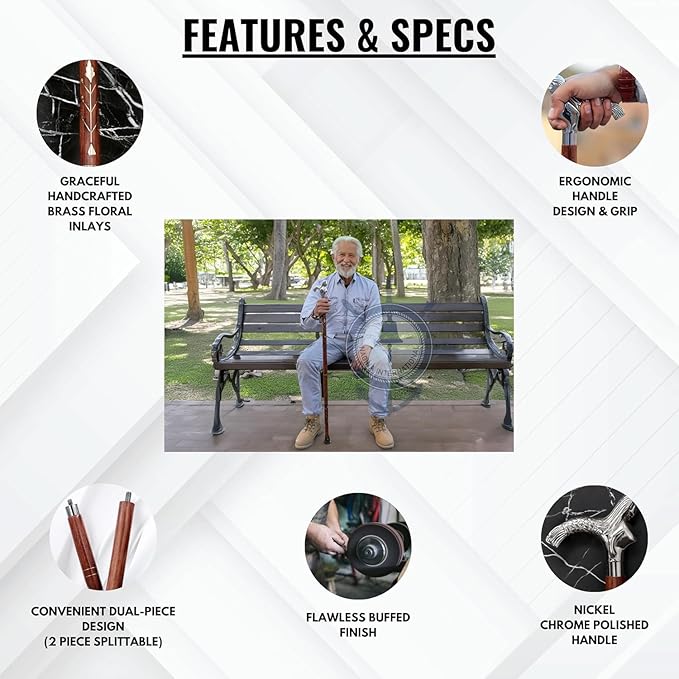 Deluxe Walking Sticks | Rosewood Crafted Cane with Solid Brass Chrome Decorative Bars | Nagina International