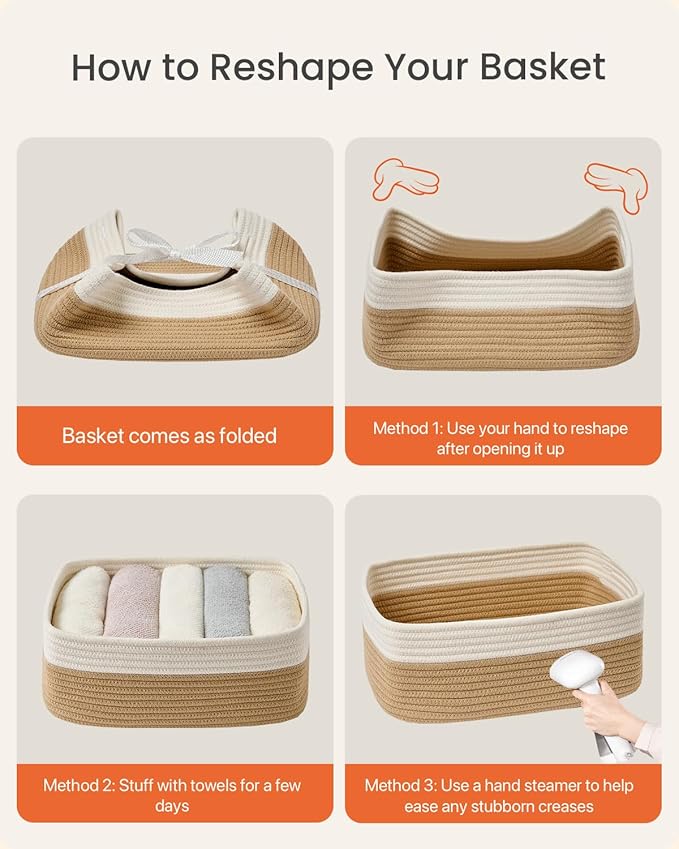 Small Woven Basket, 13.5 x 9.5 x 5 Inches, Storage Basket for Organizing, Cute Small Rope Shelf Closet Cube Storage Bins Baskets for Shelves, Dog Toy Gift Baskets Empty, 3 Pack White & Brown