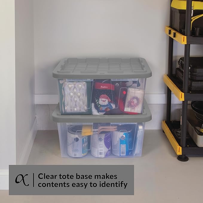 CX BLACK & YELLOW, 27-Gallon Heavy Duty Clear Storage Container & Snap-Tight Lid, Clear & Grey (14.3H x 20.6W x 30.6D), Weather-Resistant, Stackable, See-Through Organization Tote [4 Pack]