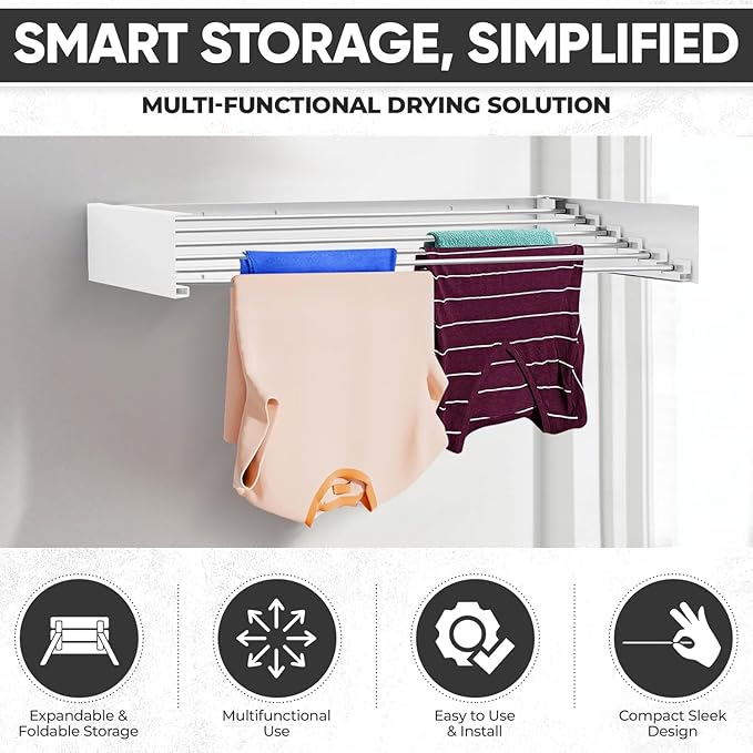 Wall Mounted Laundry Drying Rack, Retractable Clothes Drying Rack, 6 Rods Towel Drying Rack with Wall Template for Installation, Magnetic Dryer Ball Holder with Dryer Balls, White