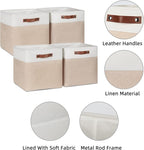HNZIGE Set of 4 Fabric Storage Baskets (4 Pack), Large Baskets for Shelves, 13x13x13 Inch Storage Cubes with Leather Handles for Home, Toys, Clothes, Kids Room, Closet Storage (White & Beige)
