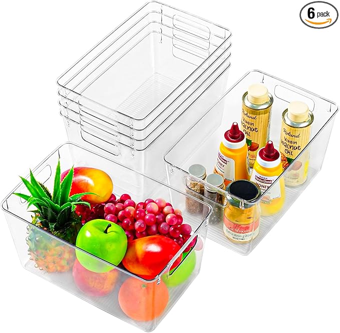 6 Pack Large Clear Plastic Storage Bins,Plastic Containers with Handle for Pantry Organizer and Storage,Perfect for Kitchen,Fridge,Cabinet, Closet,Bathroom Under Sink Storage