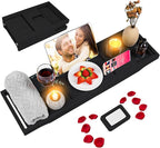 Foldable Bathtub Caddy Tray, Bamboo Bath Tub Tray Table for Tub with Wine Glass Holder Book Phone Tablet Holder with Extending Sides, Adjustable Bathroom Bathtub Free Soap Holder Gift Idea (Black)