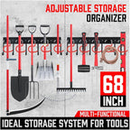 68" All Metal Garden Tool Organizer - Sturdy Garage Wall & Shed Organization System - Hooks for Shovel, Broom, Rake & More