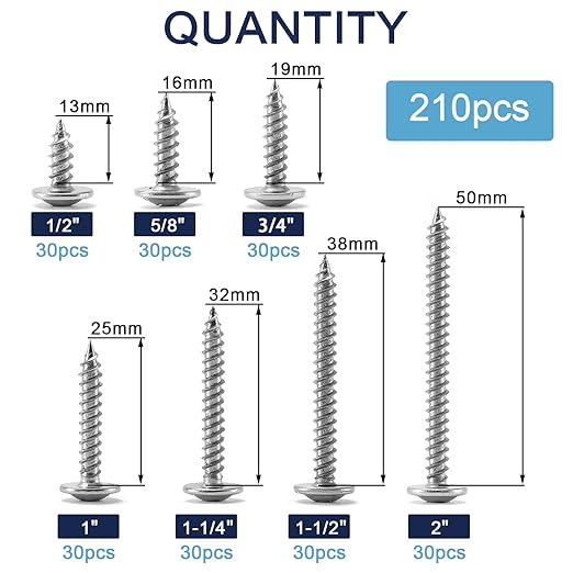 #8 Screws Assortment Set 210Pcs 410 Stainless Steel Standard Thread Truss Head Fast Self Tapping Wood Screw by SG TZH