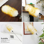 Lambswool Extendable Cleaning Duster 26-64 Inch, Anti-Static Wall Duster Cleaner with Sponge Grip and Stainless Steel Extension Pole for High Ceiling Fan, Interior, and Roof Dusting - Yellow & White