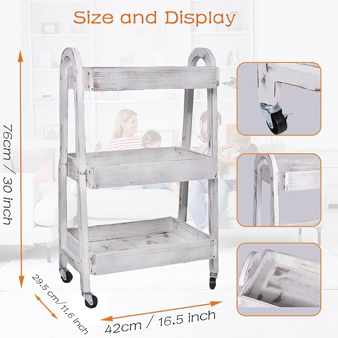 3-Tier Rolling Utility Cart with Lockable Wheels Storage Slim Storage Heavy Duty Cart Mobile Shelving Unit Craft Narrow Organizer for Bathroom Laundry Kitchen (Vintage White)