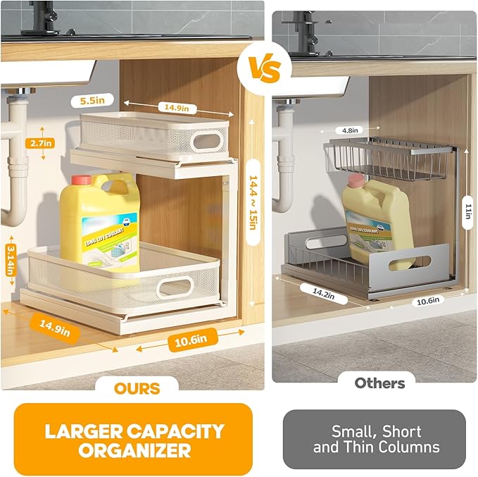 2-Pack Under Sink Storage Organizer with 2-Tier Slide Out Drawer, Sophisticated Mesh Pull Out Shelf for Kitchen & Bathroom, Fits Small Items, Upgraded Arched Track for Smooth Gliding(Patented)