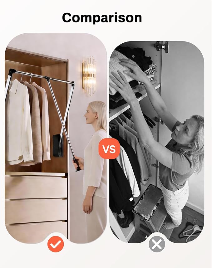 Pull Down Closet Rod 32-45 Inch, 44 lbs Capacity for Hanging Clothes, Polished Metal Wardrobe Lift Rail Organizer with Two-way Buffering, Side-Mounted for Cabinets/Wardrobes