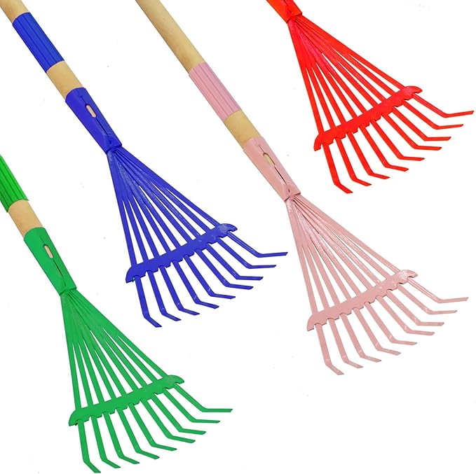 Kids Leaf Rake -Small Wooden Handle Leaf Rake with Metal Tines, 27inches /69cm Length, for Kids Enjoy Garden Cleaning Activities, 4 Pack