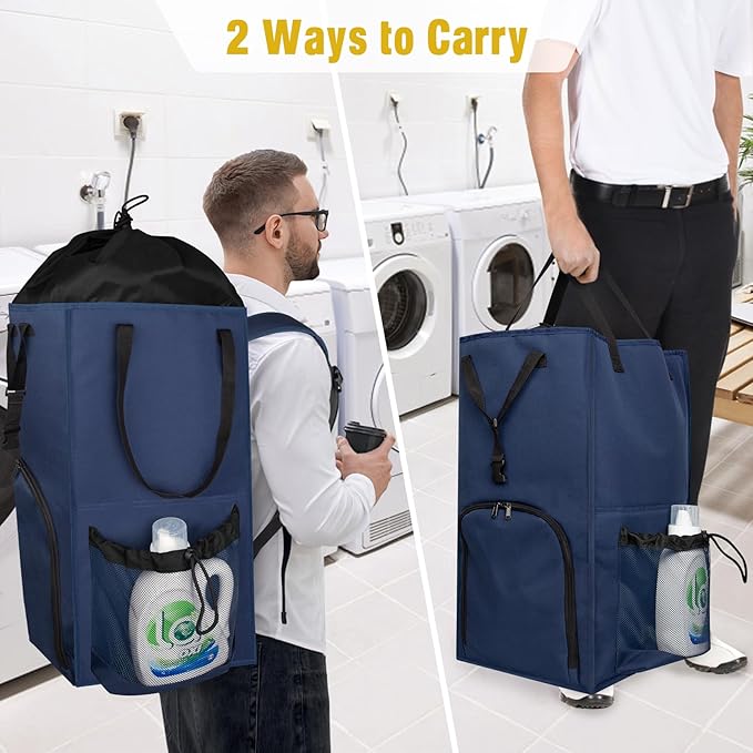 110L Backpack Laundry Bag, Laundry Backpack Heavy Duty with Shoulder Straps, Collapsible and Mesh Pocket Back to School Supplies Hamper Bag for College, Travel, Laundromat, Apartment Blue